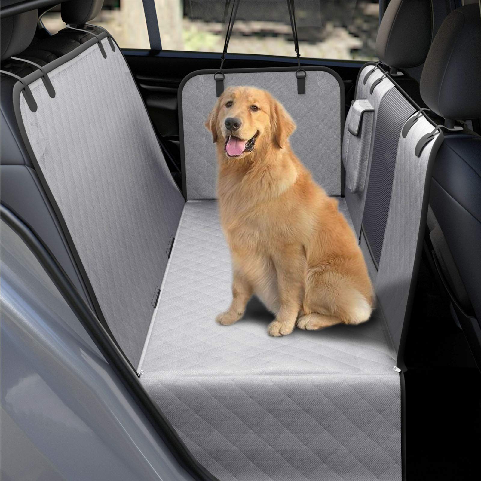 UPODA Dog Car Seat Covers with Mesh Visual Window for Back Seat Waterproof Nonslip Pet Seat Cover Scratchproof Hammock with Dog Seat Belts & Storage Pockets for Trucks SUVs (Grey)