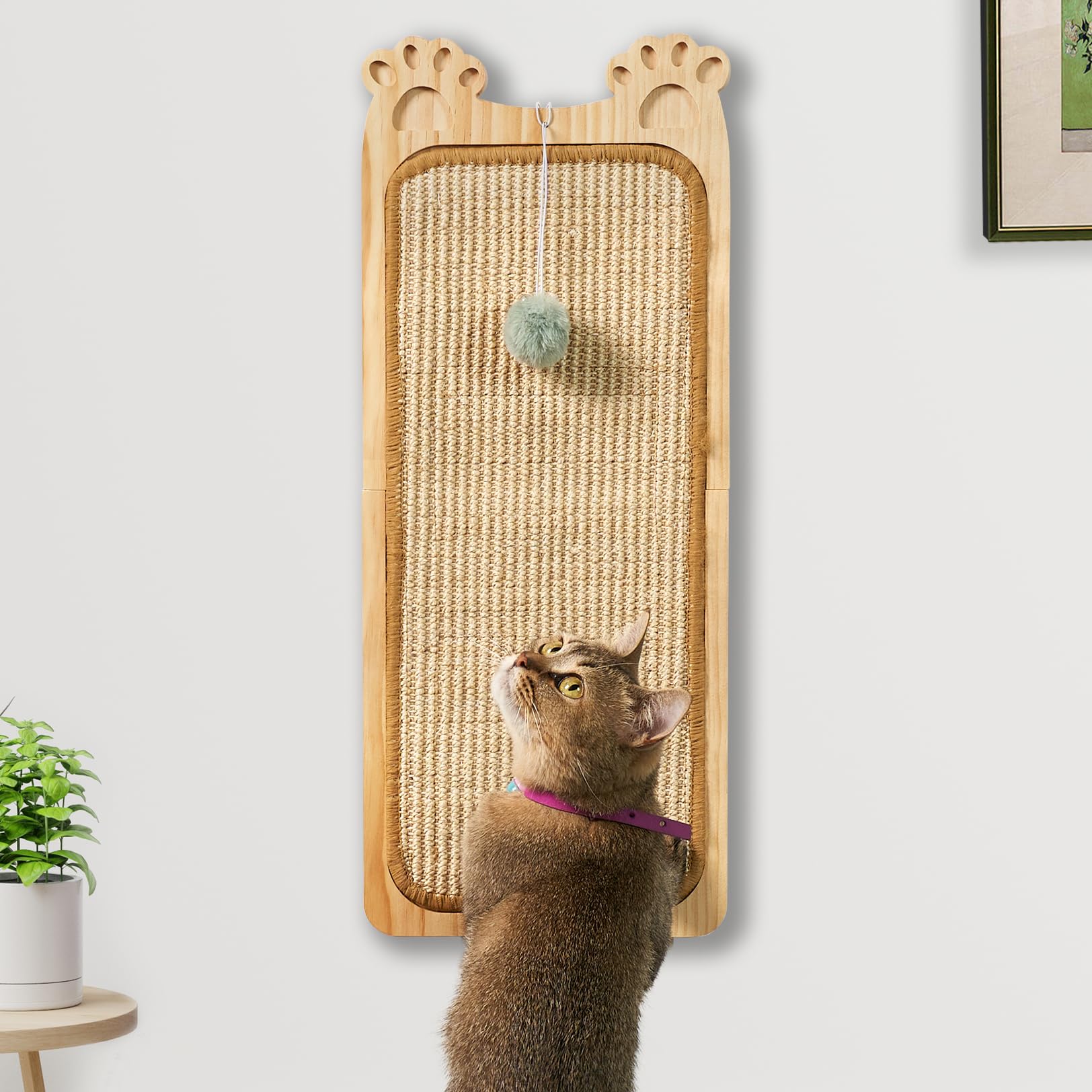 Wall Mounted Cat Scratcher Cat Wall Scratching Post Sisal Cat Wall Scratcher with Cat Ball Toy Wood Cat Scratching Board for Indoor Cat Wall Furniture Scratch Cat Wall Scratcher