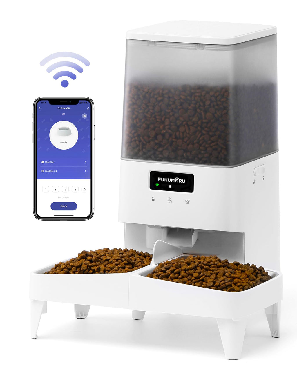 FUKUMARU Automatic Cat Feeder WiFi Automatic Dog Feeder with Freshness Preservation 5L Timed Cat Food Dispenser with Elevated Bowls Up to 10 Meals Per Day Granary Pet Feeder for Cats/Dogs