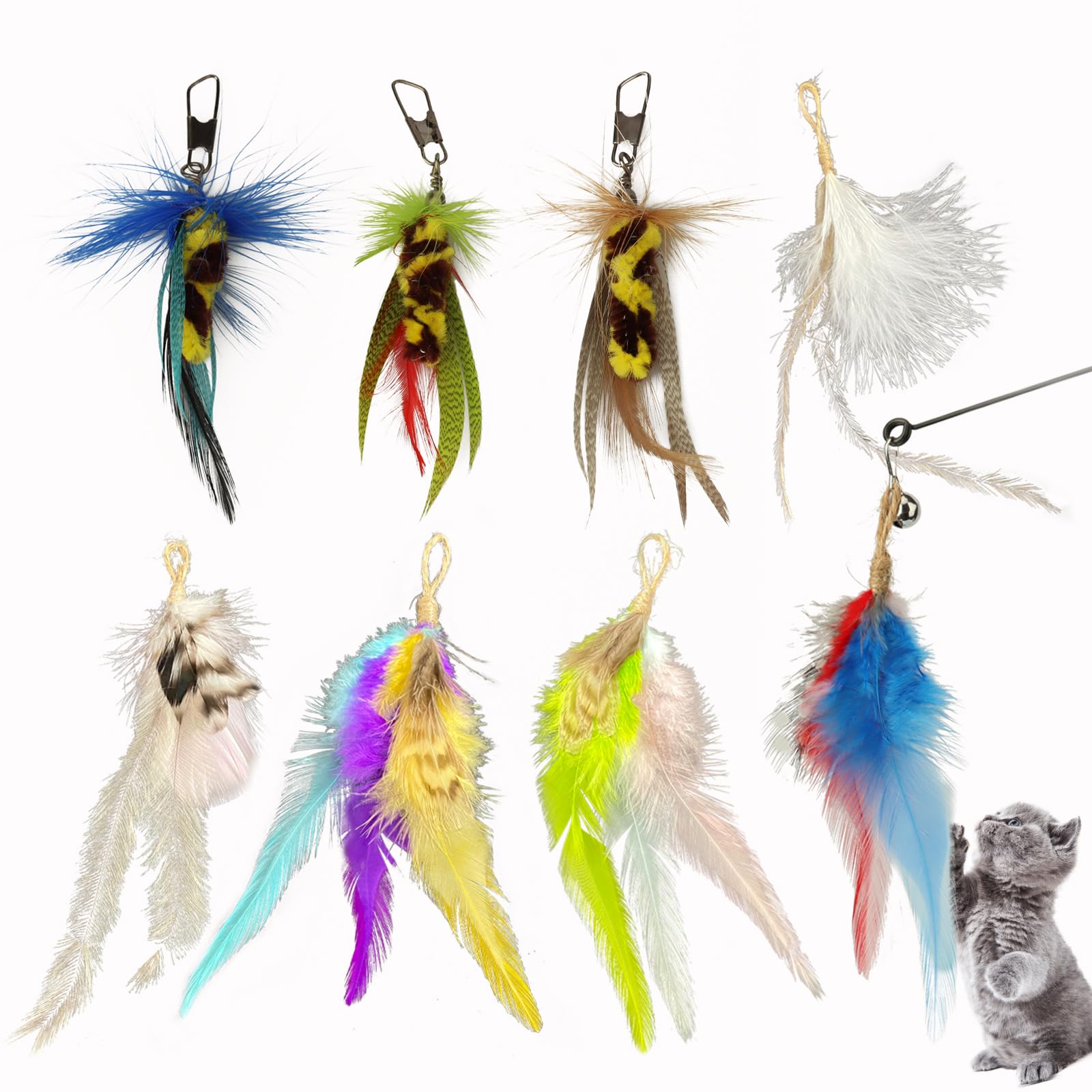 Toulideifaria Cat Feather Toys Replacement Cat Wand Toys 8pcs Cat Wand Attachments Interactive Cat Toys for Indoor Cat