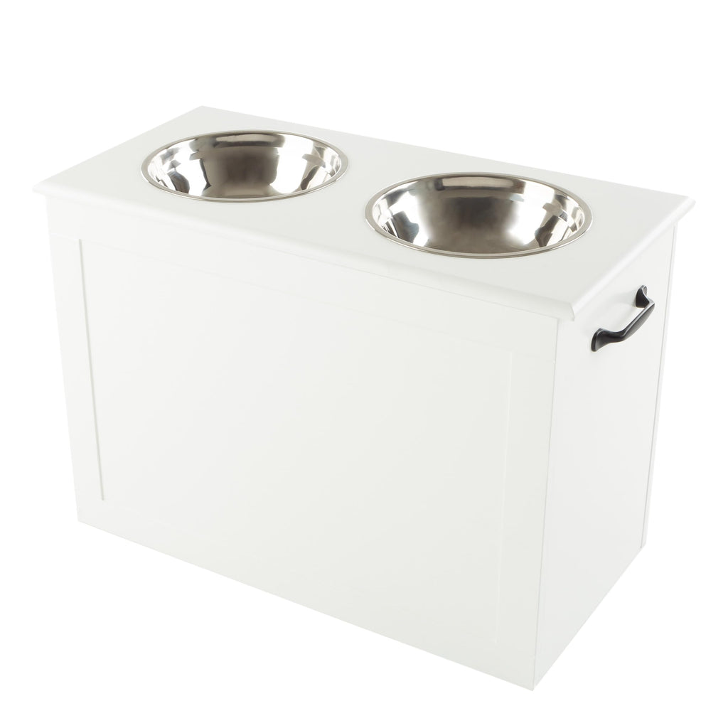 Elevated Dog Bowls with Storage - 16-Inch-Tall Feeding Tray with Hidden Storage Space for Pet Supplies - 50oz Capacity Bowls by PETMAKER (White)
