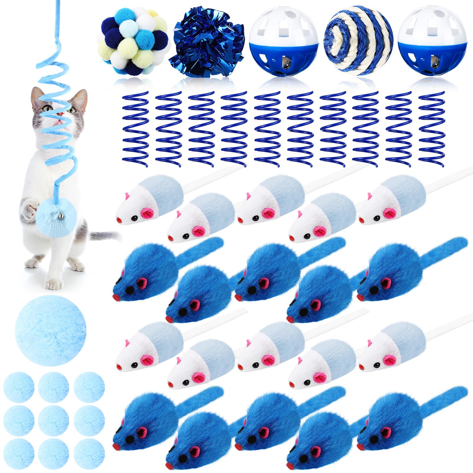 Gemscream 46 Pcs Cat Toys Set Interactive Cute Cat Toys Include Fur Mice Rattle Cat Springs Crinkle Balls Pompom Bell Sisal Ball Puzzle Chase Toys for Kitten Indoor Stuff Gift(Blue)