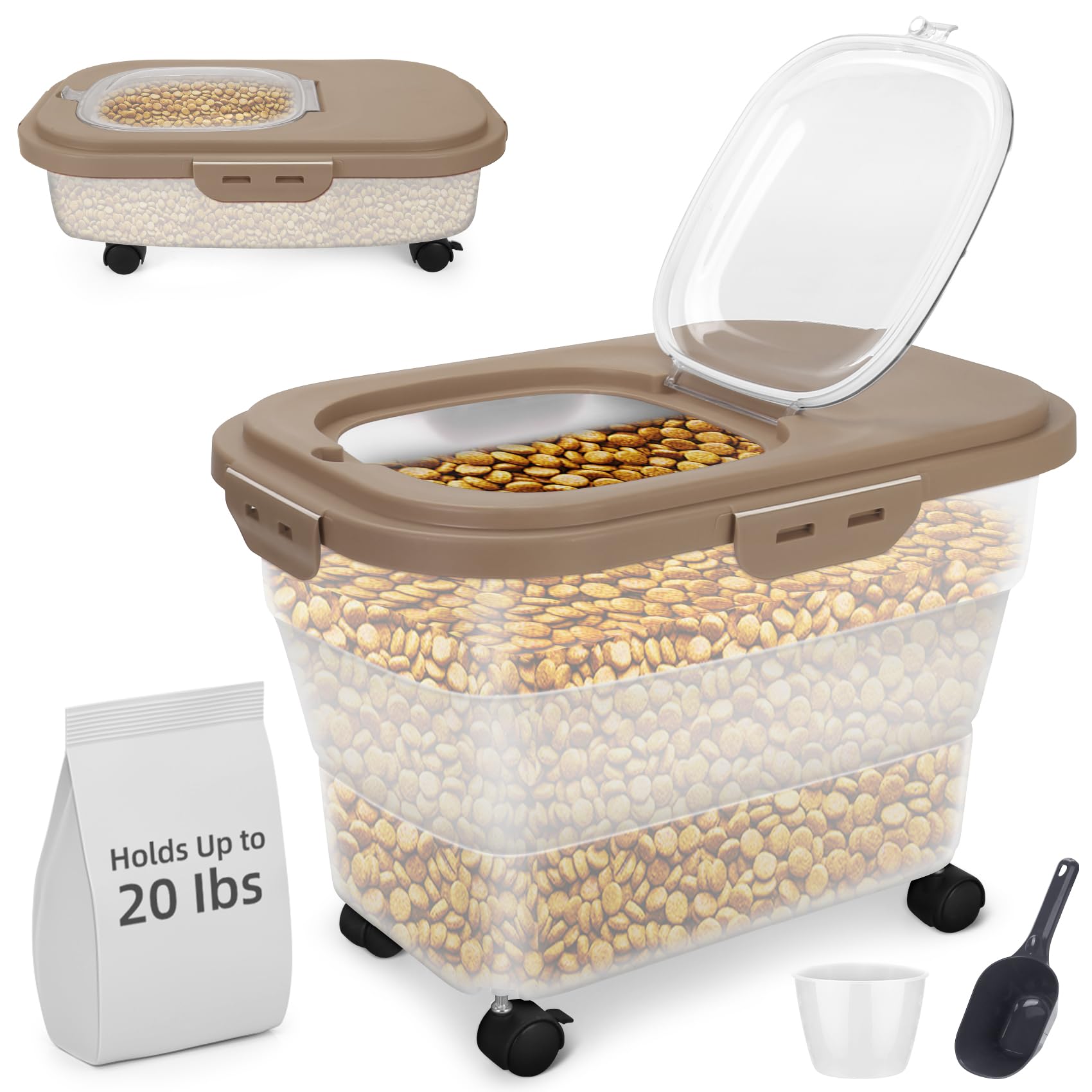 YECERCAN Airtight Pet Food Container Collapsible Dog Food Storage Container 15-20 lb with Castors Plastic Dog Food Bin with Pet Food Scoop & Measuring Cup for Dry Food Storage