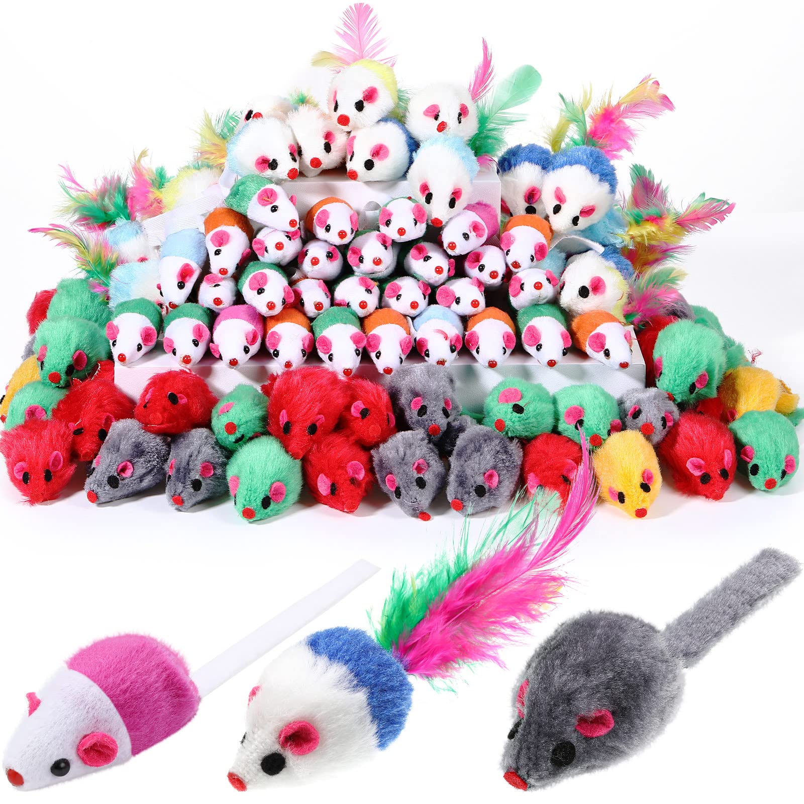 100 Pcs Fur Mice Cat Toys Rattle Mouse Cat Toy Assorted Interactive Cat Toys for Indoor Kitten Cats Catch Play Mouse Toy Sound Mouse for Cats and Kittens (Classic)